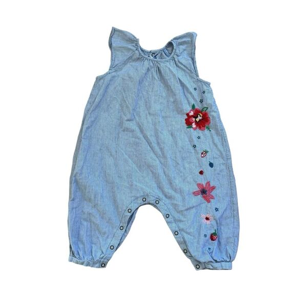 Catimini Romper Blue White Floral Embroidered Chambray Railroad Baby Girl 18M - Picture 1 of 7